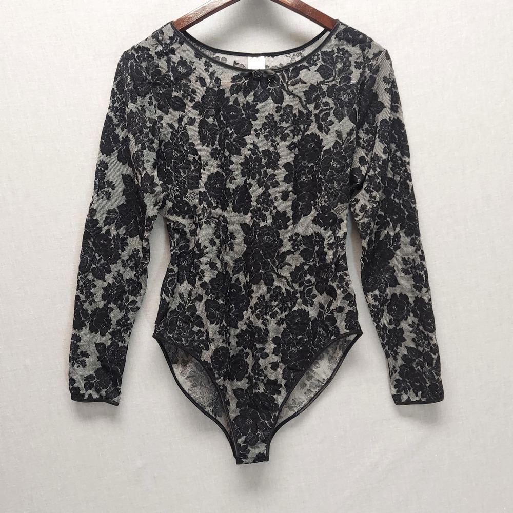 Vtg Y2K Sheer Mesh Floral Bodysuit L Fairy Grunge Whimsigoth Festival Layer